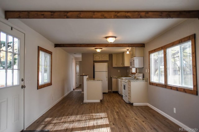 15071 County Road 306, Buena Vista, CO 81211 - kitchen featuring white appliances, beam ceiling, dark wood-style flooring, and healthy amount of natural light