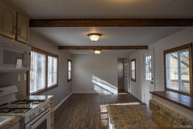 15071 County Road 306, Buena Vista, CO 81211 - kitchen featuring white appliances, baseboards, beam ceiling, and dark wood finished floors