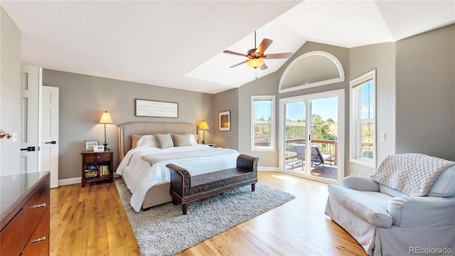 9992 Cottoncreek Dr, Highlands Ranch, CO 80130 - bedroom with access to exterior, light wood-type flooring, lofted ceiling, and ceiling fan
