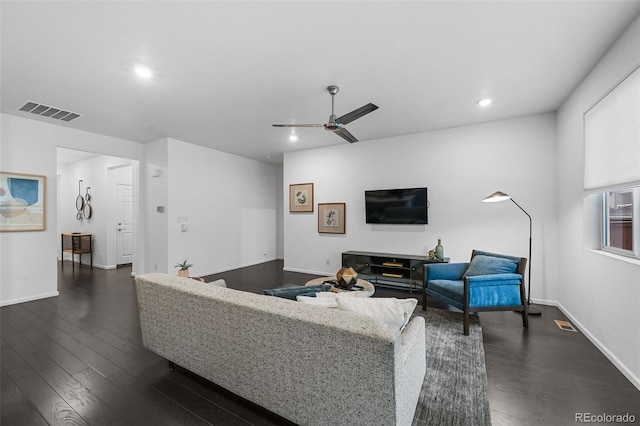living room with dark wood finished floors, ceiling fan, baseboards, and recessed lighting