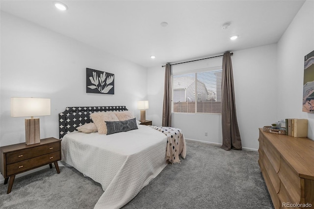 carpeted bedroom with recessed lighting and baseboards