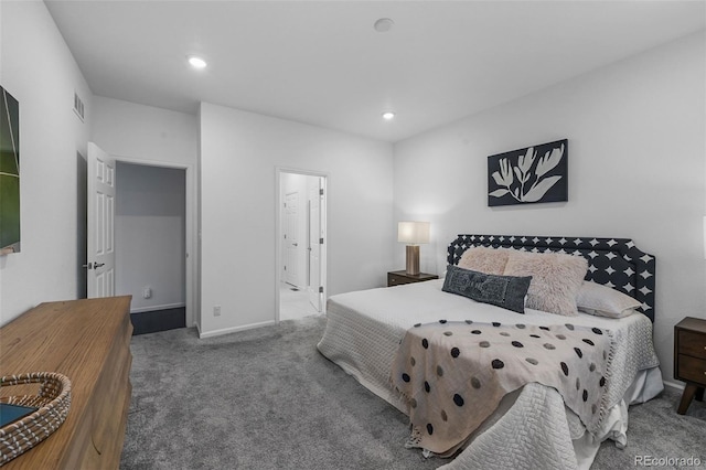 bedroom featuring carpet, recessed lighting, and baseboards