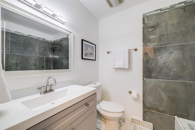 full bathroom with marble finish floor, toilet, a shower, and visible vents