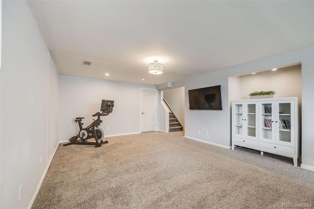workout room with visible vents, recessed lighting, carpet, and baseboards