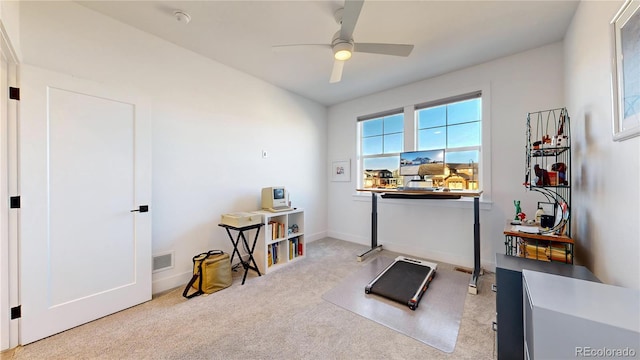 885 Delechant Dr, Erie, CO 80516 - interior space featuring ceiling fan, light carpet, visible vents, and baseboards