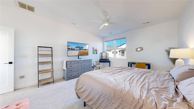 885 Delechant Dr, Erie, CO 80516 - bedroom featuring baseboards, visible vents, ceiling fan, and light colored carpet