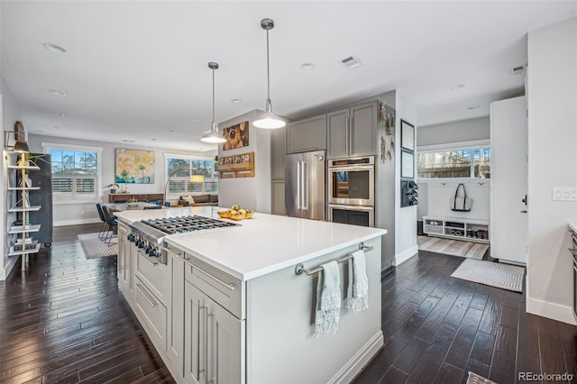 kitchen with gray cabinetry, stainless steel appliances, dark wood-type flooring, light countertops, and a center island