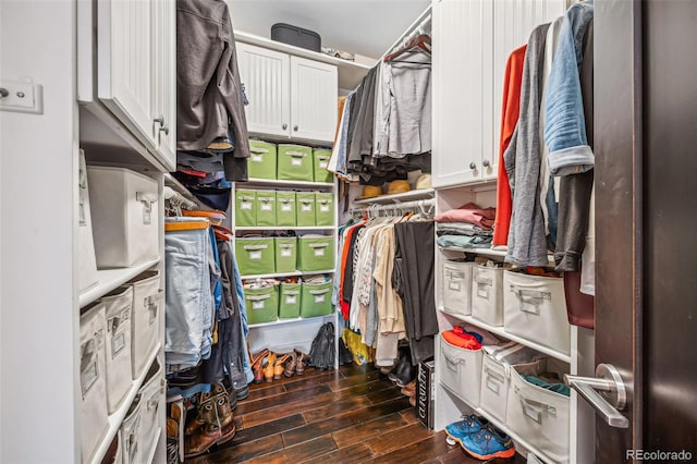 spacious closet with dark wood-style floors