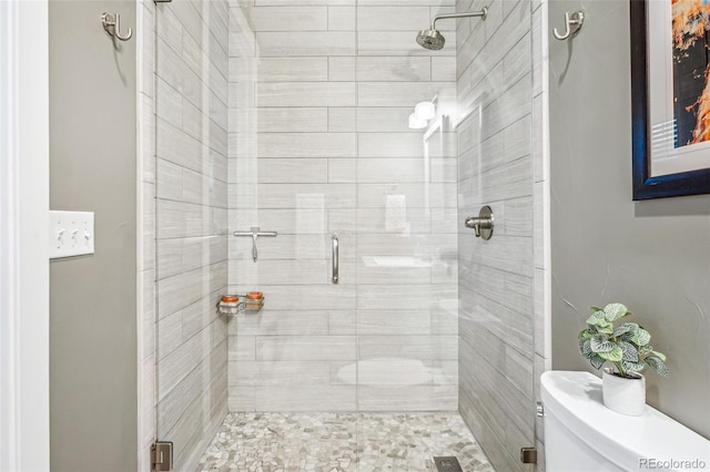 full bathroom featuring toilet and a shower stall