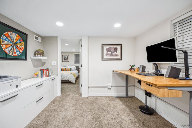 office space with recessed lighting, visible vents, light carpet, and baseboards