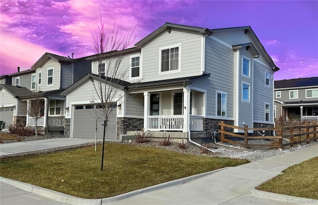 craftsman inspired home featuring covered porch, central air condition unit, a yard, and a garage