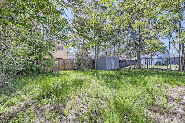 view of yard featuring a storage unit, an outdoor structure, and a fenced backyard