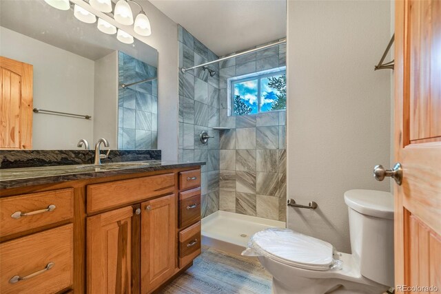 1840 Ute Trl, Como, CO 80432 - bathroom with toilet, vanity, tiled shower, and wood finished floors