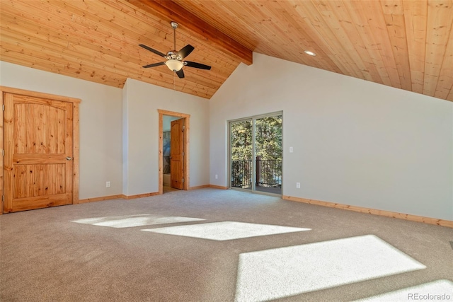 1840 Ute Trl, Como, CO 80432 - carpeted empty room featuring wood ceiling with exposed beams, baseboards, a ceiling fan, high vaulted ceiling, and recessed lighting