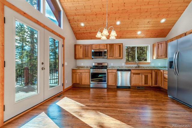 1840 Ute Trl, Como, CO 80432 - kitchen with appliances with stainless steel finishes, lofted ceiling, recessed lighting, a chandelier, and wooden ceiling