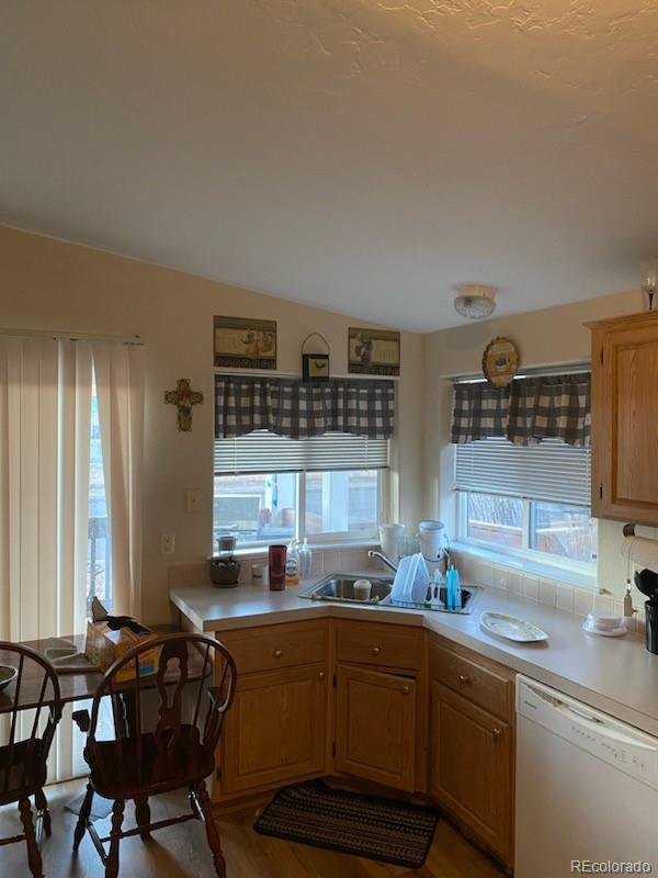 kitchen featuring white dishwasher, vaulted ceiling, plenty of natural light, and hardwood / wood-style flooring