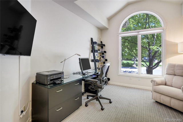 74 Blue Heron Dr, Greenwood Village, CO 80121 - home office featuring plenty of natural light, carpet, and lofted ceiling