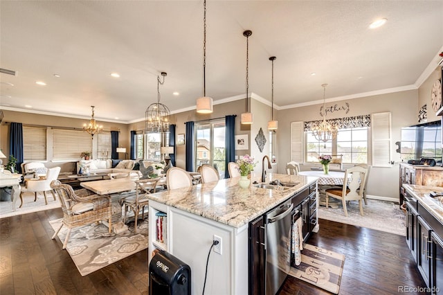 2115 Holmby Ct, Castle Rock, CO 80104 - kitchen with a chandelier, a sink, dark wood-type flooring, plenty of natural light, and recessed lighting