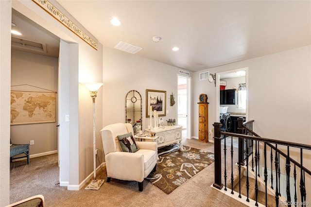 2115 Holmby Ct, Castle Rock, CO 80104 - living area with carpet floors, baseboards, recessed lighting, and an upstairs landing