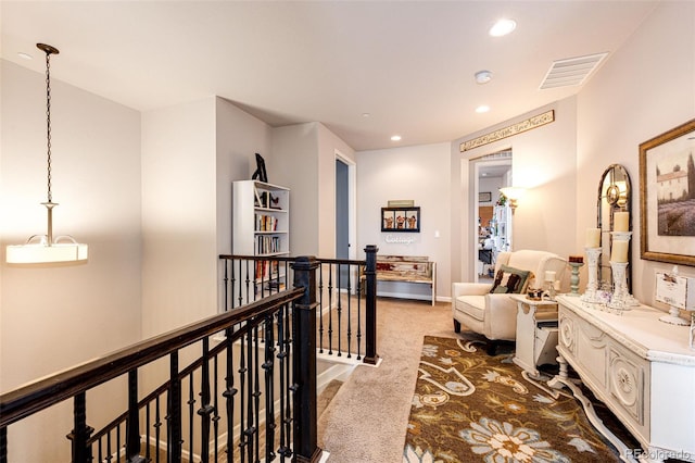 2115 Holmby Ct, Castle Rock, CO 80104 - hallway with an upstairs landing, carpet flooring, recessed lighting, and baseboards