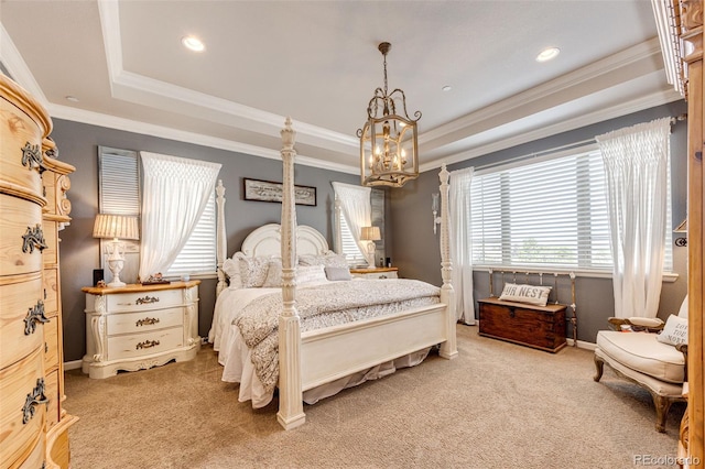 2115 Holmby Ct, Castle Rock, CO 80104 - carpeted bedroom featuring a raised ceiling, ornamental molding, a chandelier, recessed lighting, and baseboards