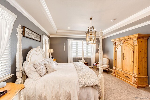 2115 Holmby Ct, Castle Rock, CO 80104 - carpeted bedroom featuring a chandelier, crown molding, a raised ceiling, and recessed lighting