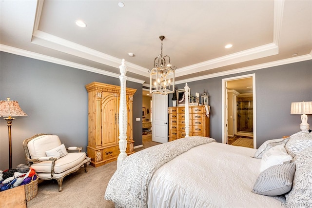 2115 Holmby Ct, Castle Rock, CO 80104 - bedroom featuring a raised ceiling, light carpet, a chandelier, ornamental molding, and recessed lighting