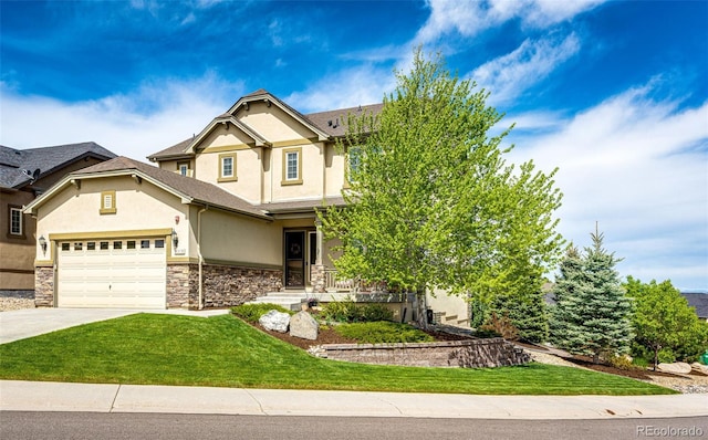 2115 Holmby Ct, Castle Rock, CO 80104 - view of front of house featuring stucco siding, stone siding, concrete driveway, a front yard, and a garage