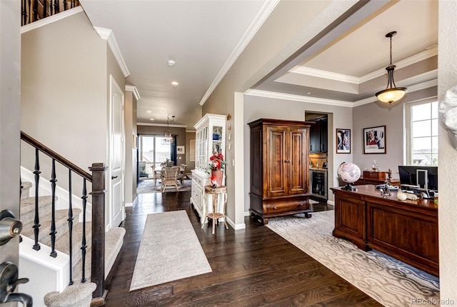 2115 Holmby Ct, Castle Rock, CO 80104 - office with dark wood-style flooring, recessed lighting, crown molding, baseboards, and a chandelier