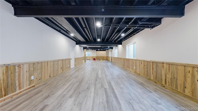 basement with wood-type flooring and wooden walls