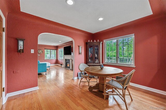 1900 Magnolia St, Denver, CO 80220 - dining space featuring arched walkways, light wood-type flooring, a textured wall, baseboards, and a glass covered fireplace