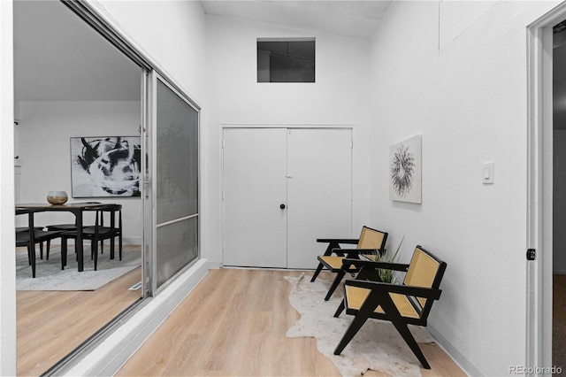 interior space featuring light wood-style flooring and high vaulted ceiling