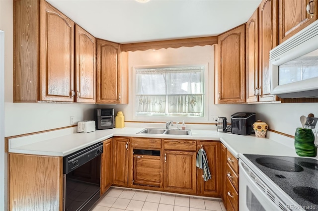 kitchen with sink, light tile patterned floors, and white appliances