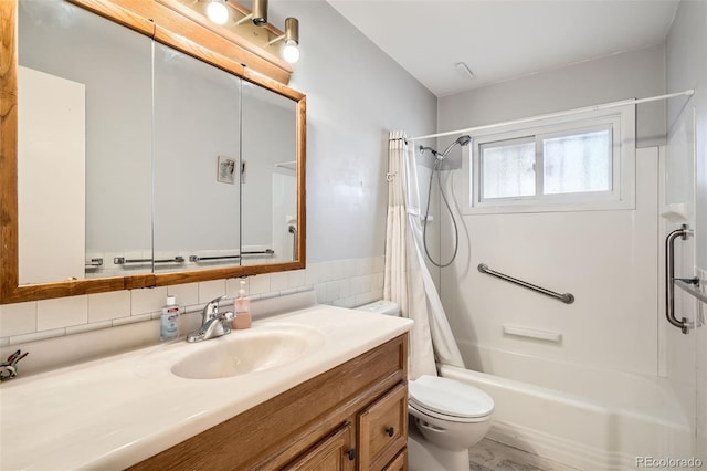 full bathroom with backsplash, vanity, shower / bath combo with shower curtain, tile walls, and toilet