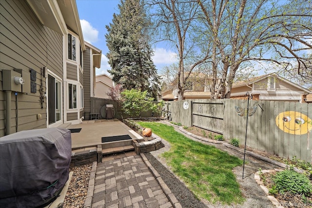 view of yard featuring a fenced backyard and a patio area