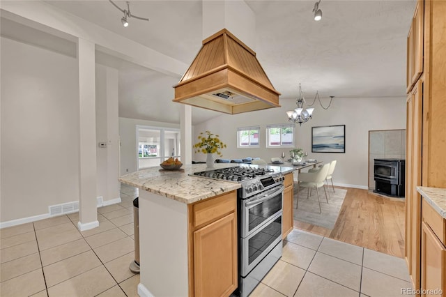 5722 W Chestnut Ave, Littleton, CO 80128 - kitchen featuring double oven range, rail lighting, custom range hood, light tile patterned floors, and light stone counters
