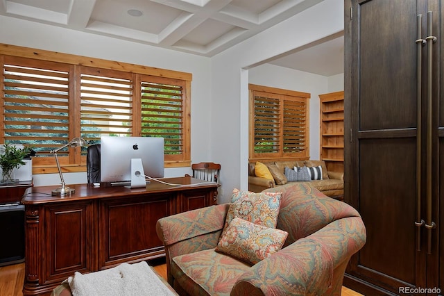 14370 Osage St, Westminster, CO 80023 - home office featuring coffered ceiling, beamed ceiling, and wood finished floors