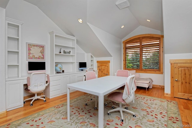 14370 Osage St, Westminster, CO 80023 - office area featuring lofted ceiling, light wood-style flooring, built in features, and recessed lighting
