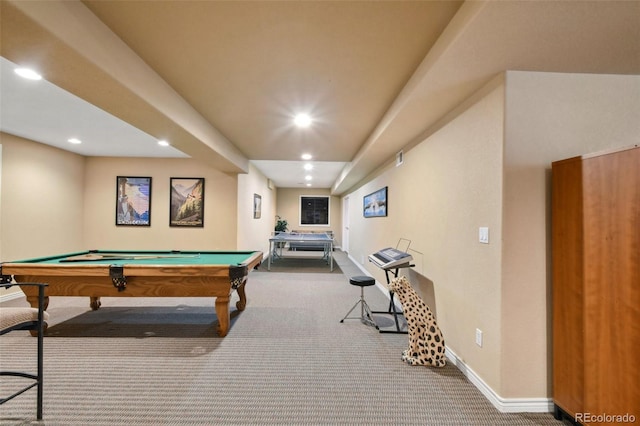 recreation room featuring recessed lighting, carpet, baseboards, and pool table