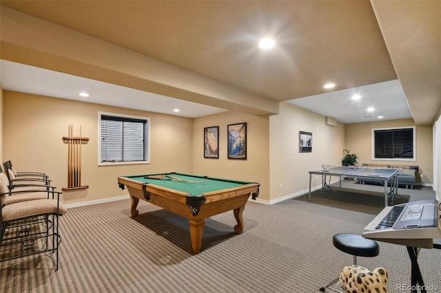 playroom with pool table, carpet, baseboards, and recessed lighting