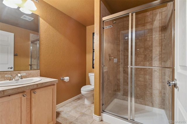 full bath with toilet, a stall shower, vanity, and visible vents