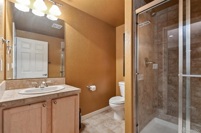 full bathroom with toilet, a stall shower, visible vents, and a textured wall