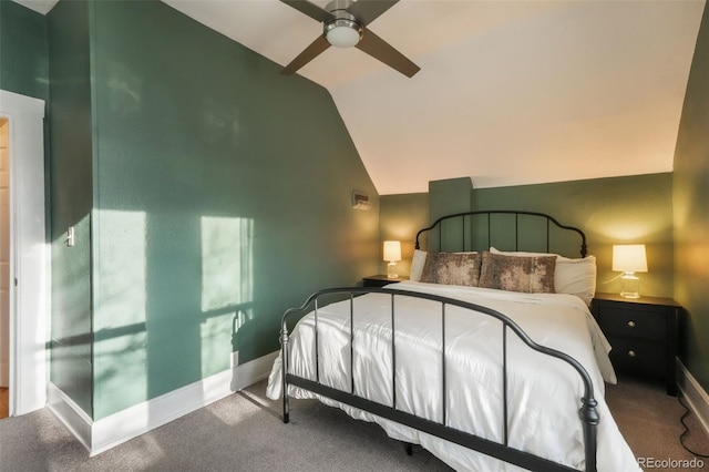 carpeted bedroom with baseboards, ceiling fan, and lofted ceiling