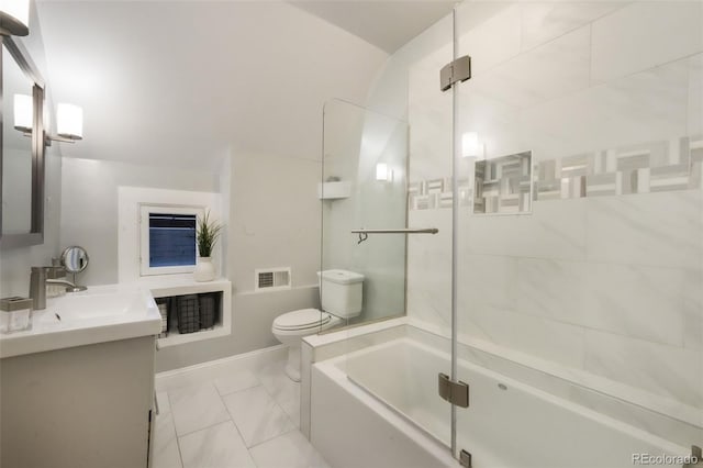 bathroom with vanity, marble finish floor, toilet, and visible vents