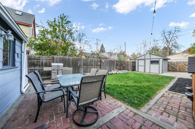 view of patio / terrace featuring an outdoor structure, a shed, a fenced backyard, and a grill