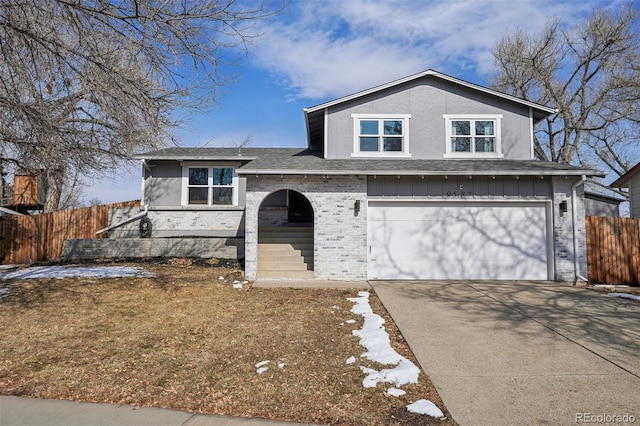 view of front facade featuring driveway, a garage, a shingled roof, fence, and brick siding