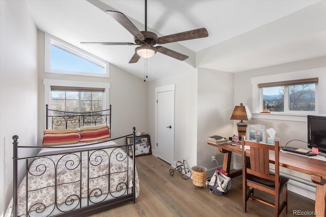 bedroom featuring wood-type flooring and vaulted ceiling