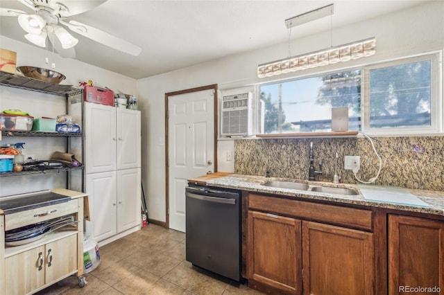 kitchen featuring ceiling fan, dishwasher, sink, backsplash, and light tile patterned flooring