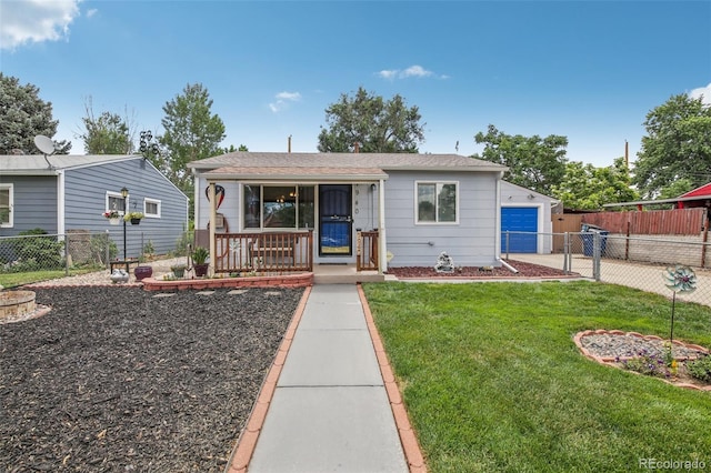 7940 Pontiac St, Commerce City, CO 80022 - bungalow-style house featuring a garage, a front lawn, covered porch, and fence