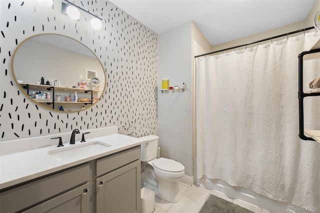 1831 S Dunkirk St Unit 103, Aurora, CO 80017 - full bath featuring wallpapered walls, vanity, tile patterned floors, and shower / tub combo